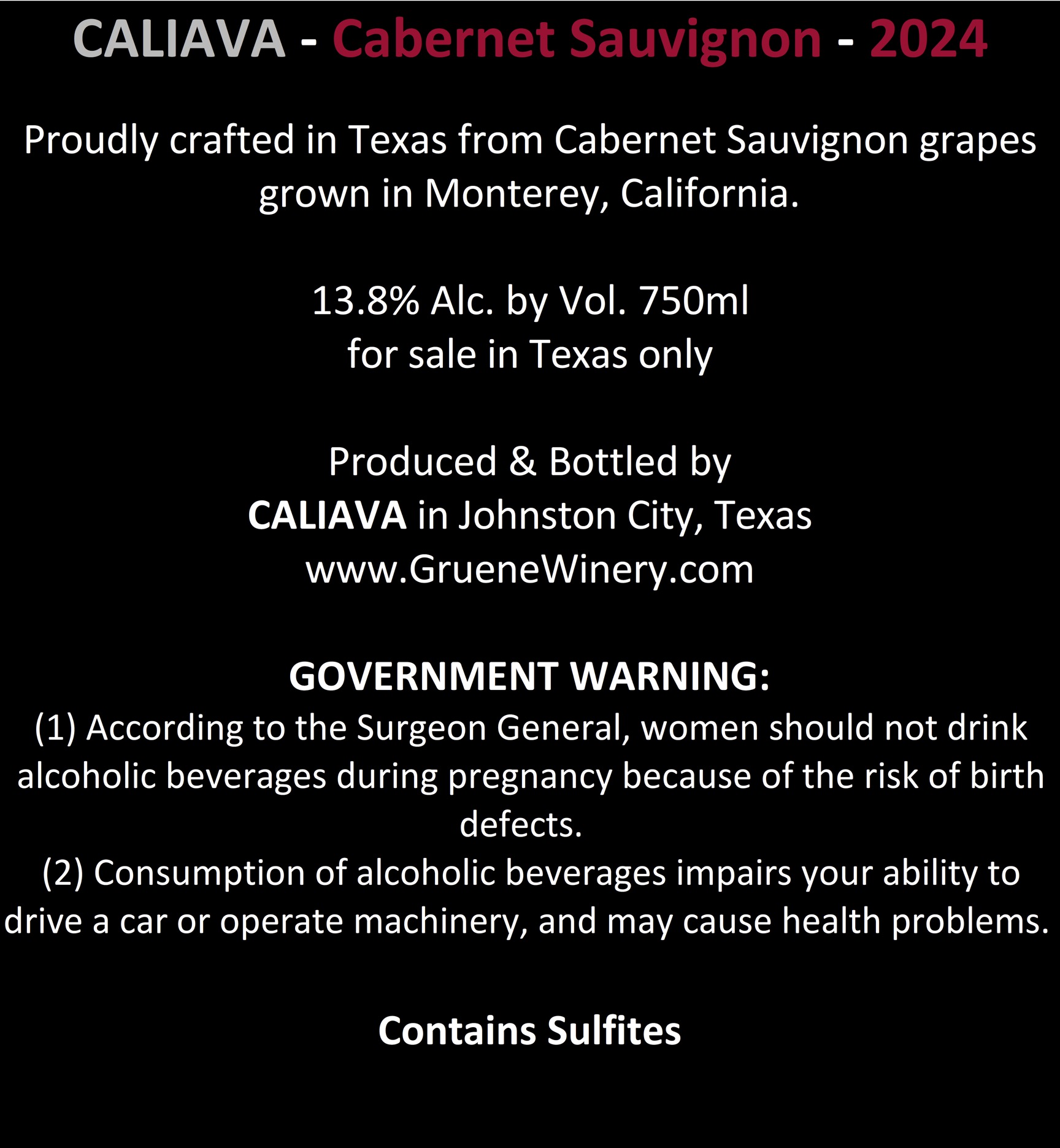 TABC label artwork for Caliava Cabernet Sauvignon