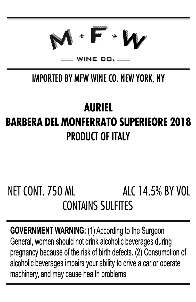 TABC label artwork for Auriel Barbera del Monferrato Superiore