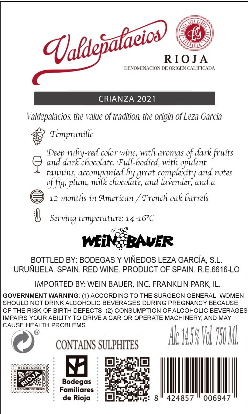 TABC label artwork for VALDEPALACIOS TEMPRANILLO