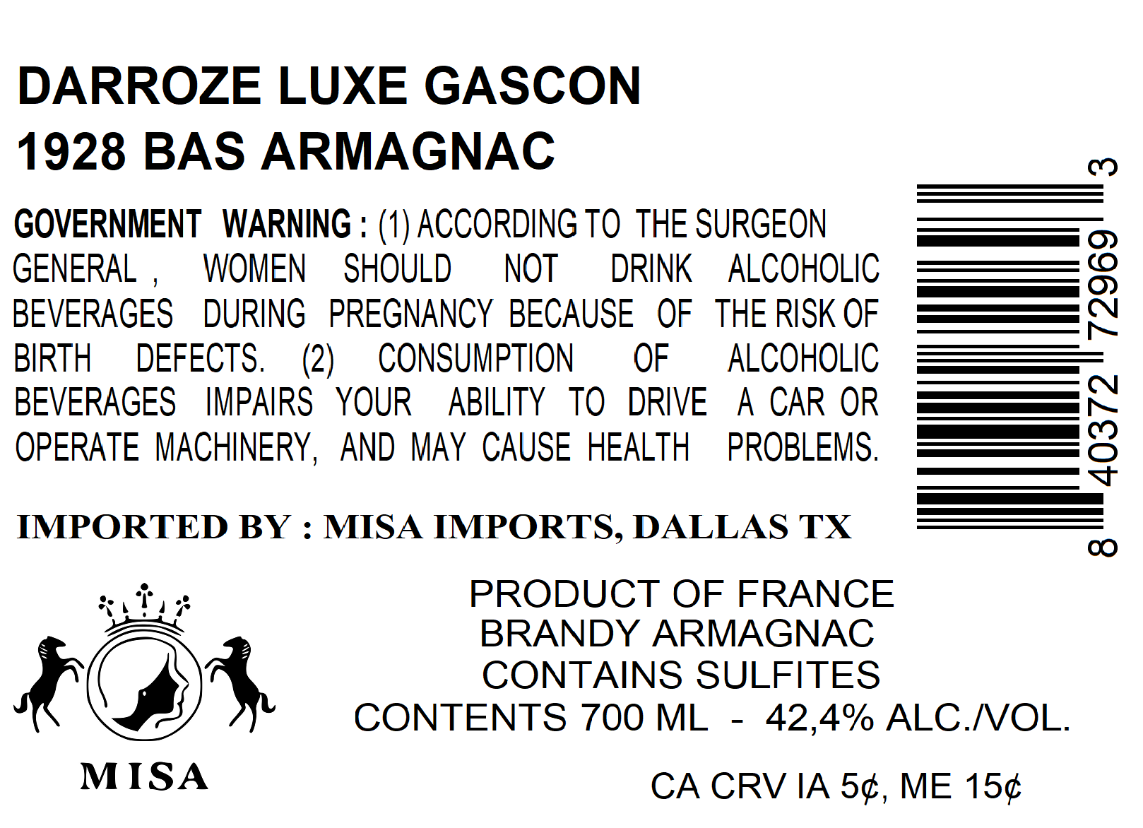 TABC label artwork for DARROZE LUXE GASCON 1928 BAS-ARMAGNAC