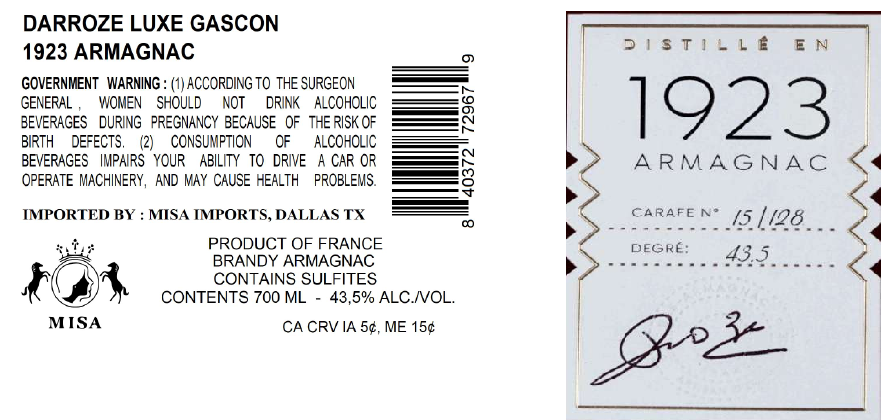 TABC label artwork for DARROZE LUXE GASCON 1923 ARMAGNAC