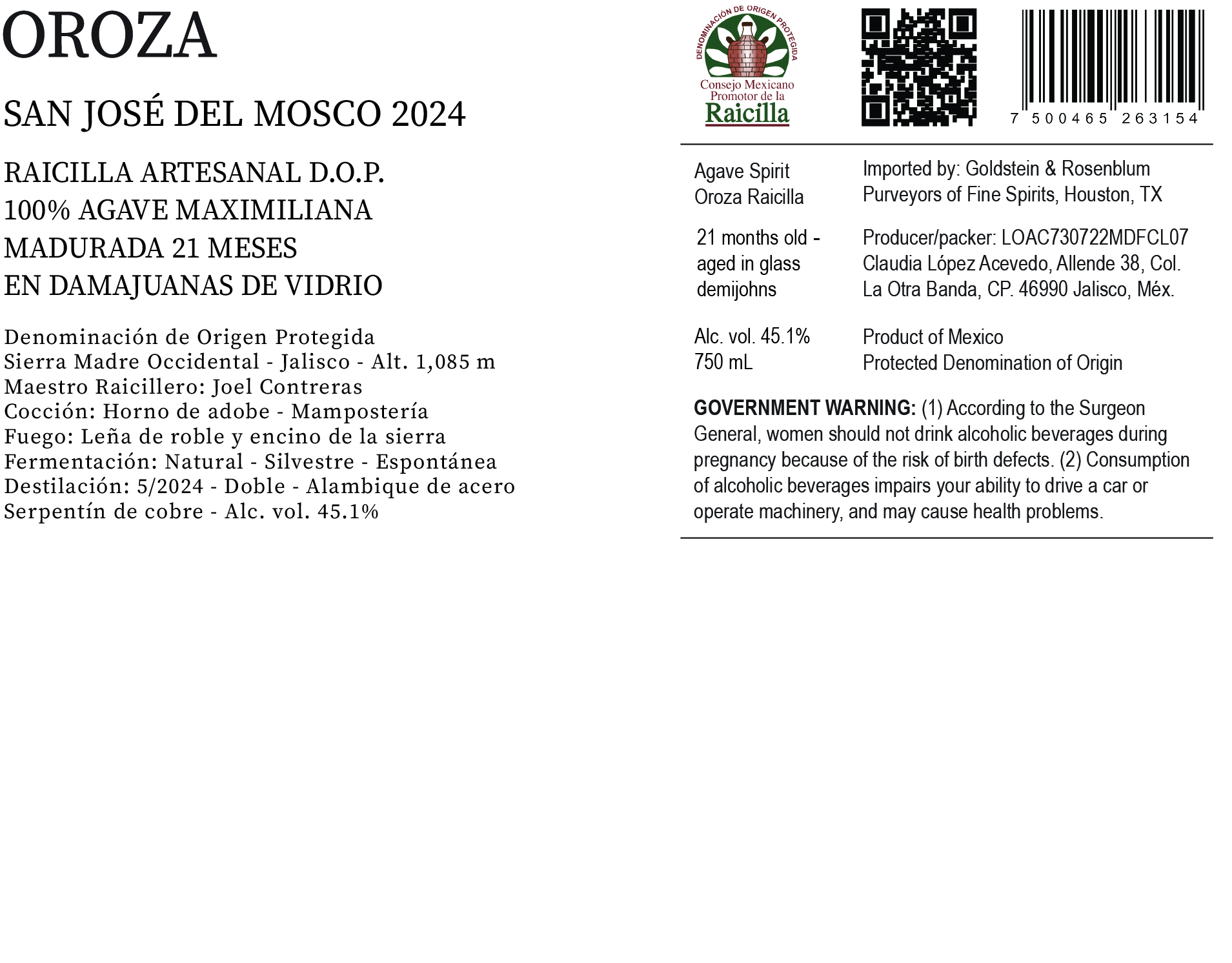 TABC label artwork for Oroza Raicilla San Jose Del Mosco