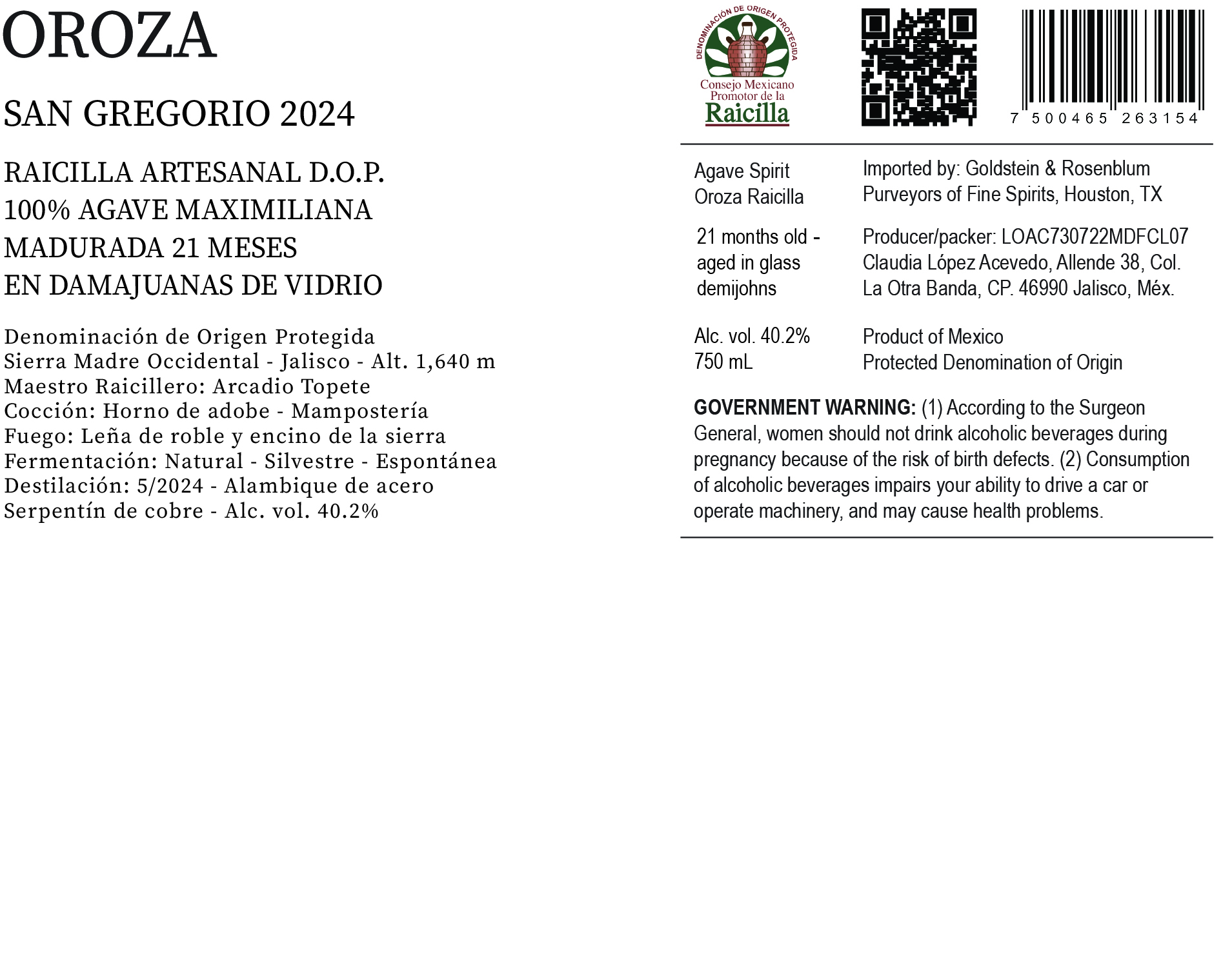 TABC label artwork for Oroza Raicilla San Gregorio