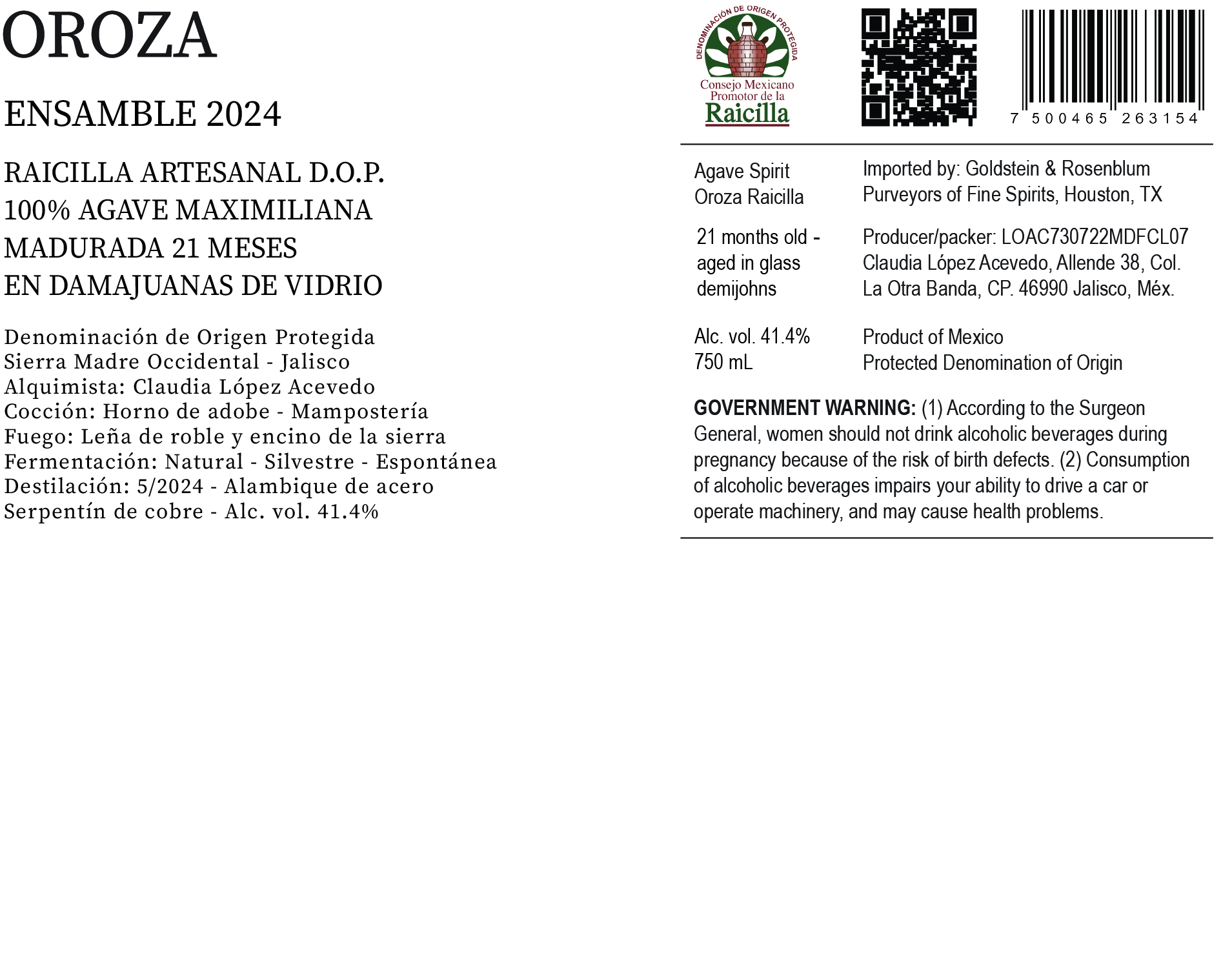TABC label artwork for Oroza Raicilla Ensamble