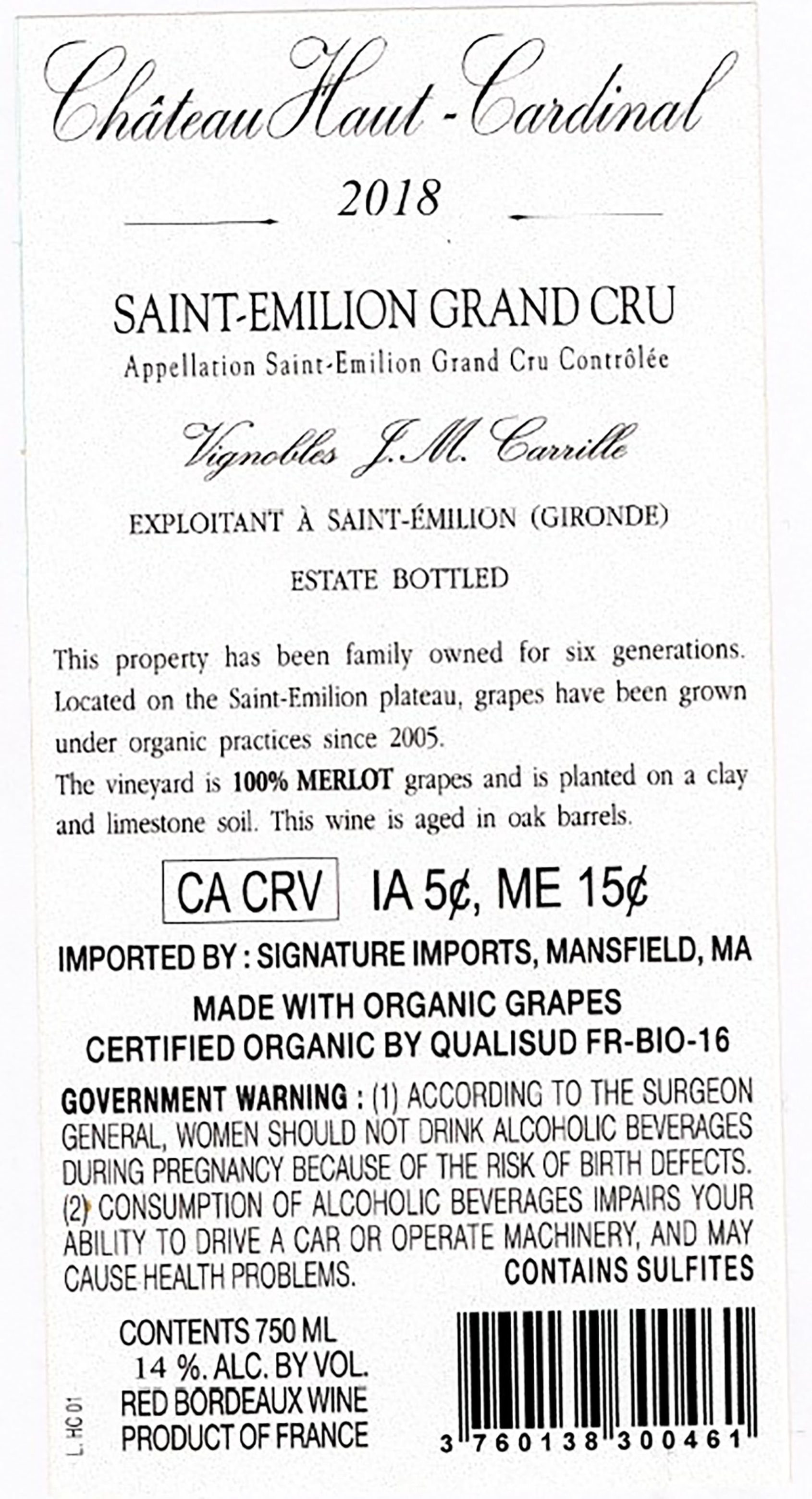 TABC label artwork for Chateau Haut Cardinal Saint Emilion Grand Cru