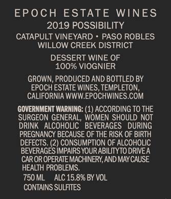 TABC label artwork for Epoch Estate Wines Dessert Wine Viognier Possibility Paso Robles Willow Creek District