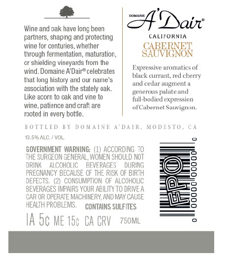 TABC label artwork for Domaine A'Dair California Cabernet Sauvignon