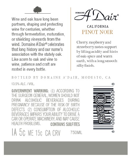 TABC label artwork for Domaine A'Dair California Pinot Noir