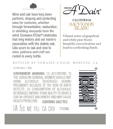 TABC label artwork for Domaine A'Dair California Sauvignon Blanc