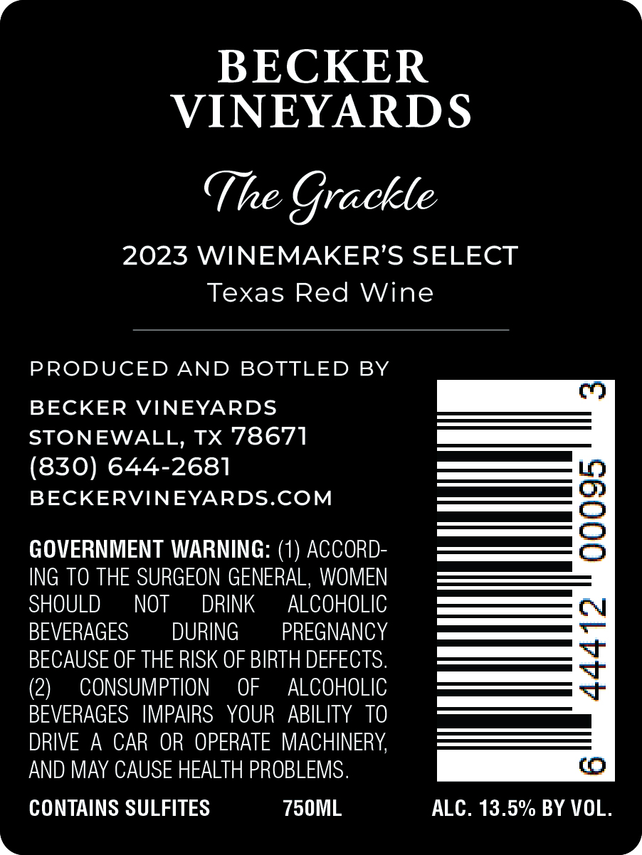 TABC label artwork for Becker Vineyards Winemaker's Select The Grackle
