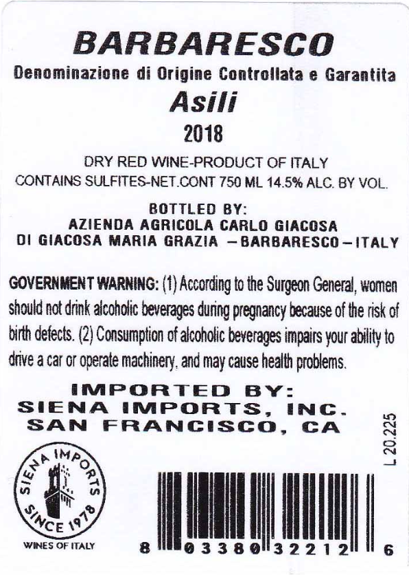 TABC label artwork for Carlo Giacosa Asili
