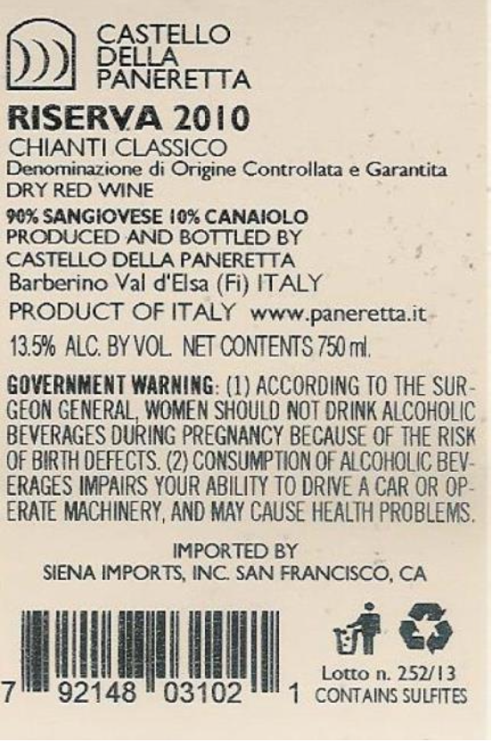 TABC label artwork for Castello Della Paneretta