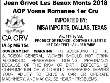 TABC label artwork for JEAN GRIVOT LES BEAU MONTS