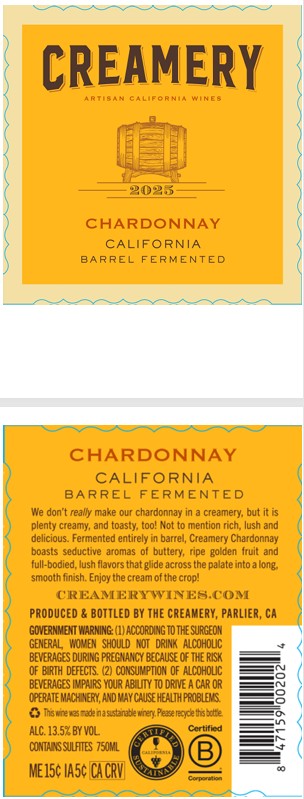 TABC label artwork for CREAMERY BARREL FERMENTED CHARDONNAY CALIFORNIA