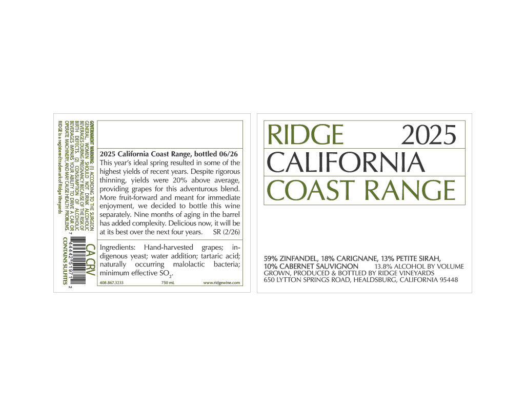 TABC label artwork for Ridge 2025 California Coast Range