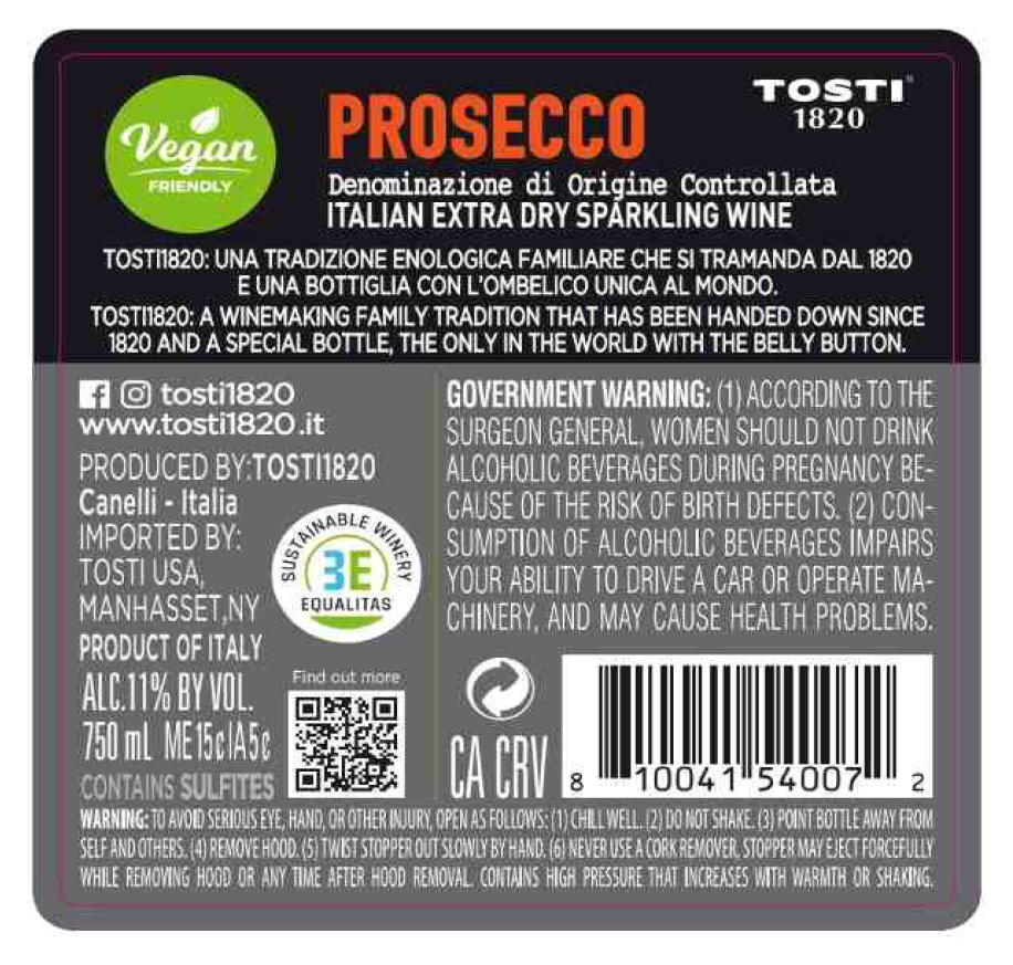 TABC label artwork for TOSTI Prosecco Doc NV