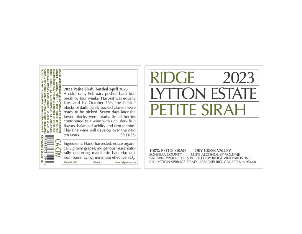 TABC label artwork for Ridge 2023 Lytton Estate Petite Sirah