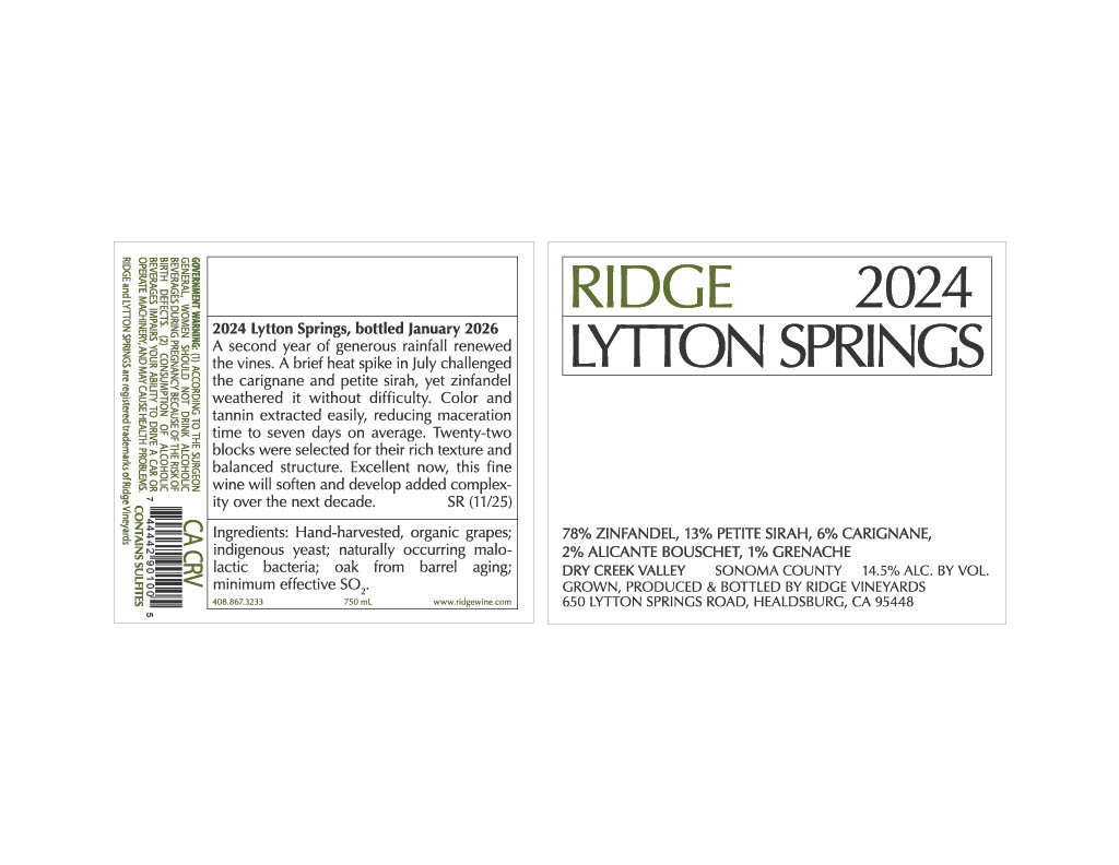 TABC label artwork for Ridge 2024 Lytton Springs