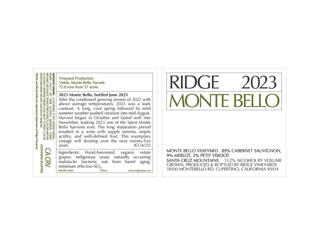 TABC label artwork for Ridge 2023 Monte Bello