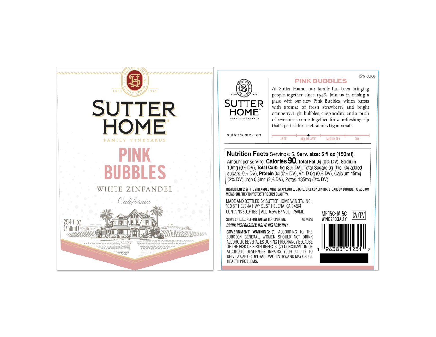 TABC label artwork for Sutter Home Pink Bubbles White Zinfandel