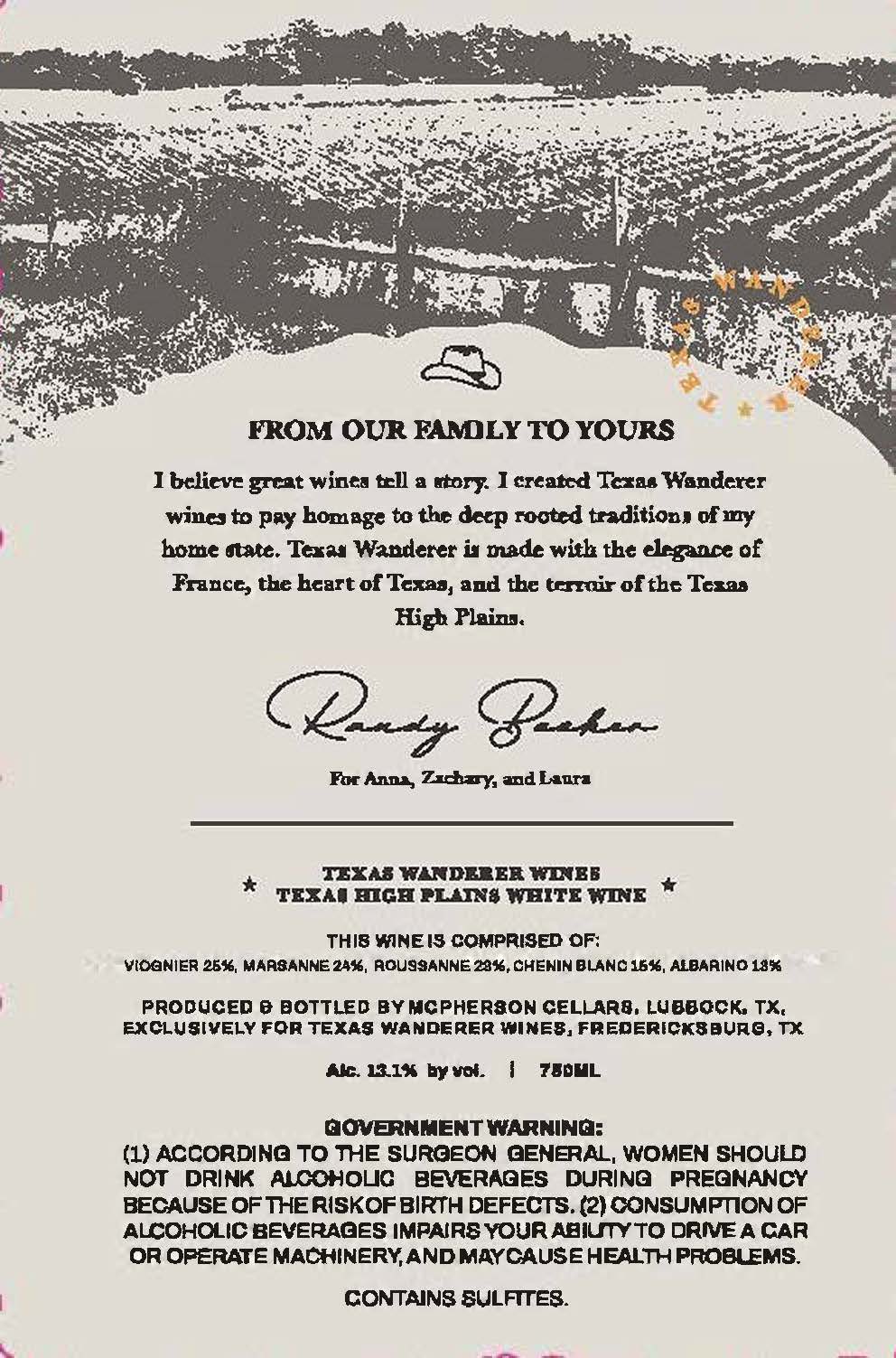TABC label artwork for Texas Wanderer Wines White Blend