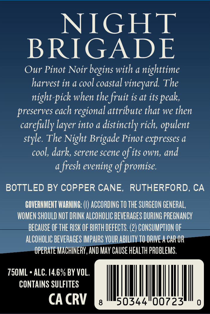 TABC label artwork for Night Brigade Pinot Noir