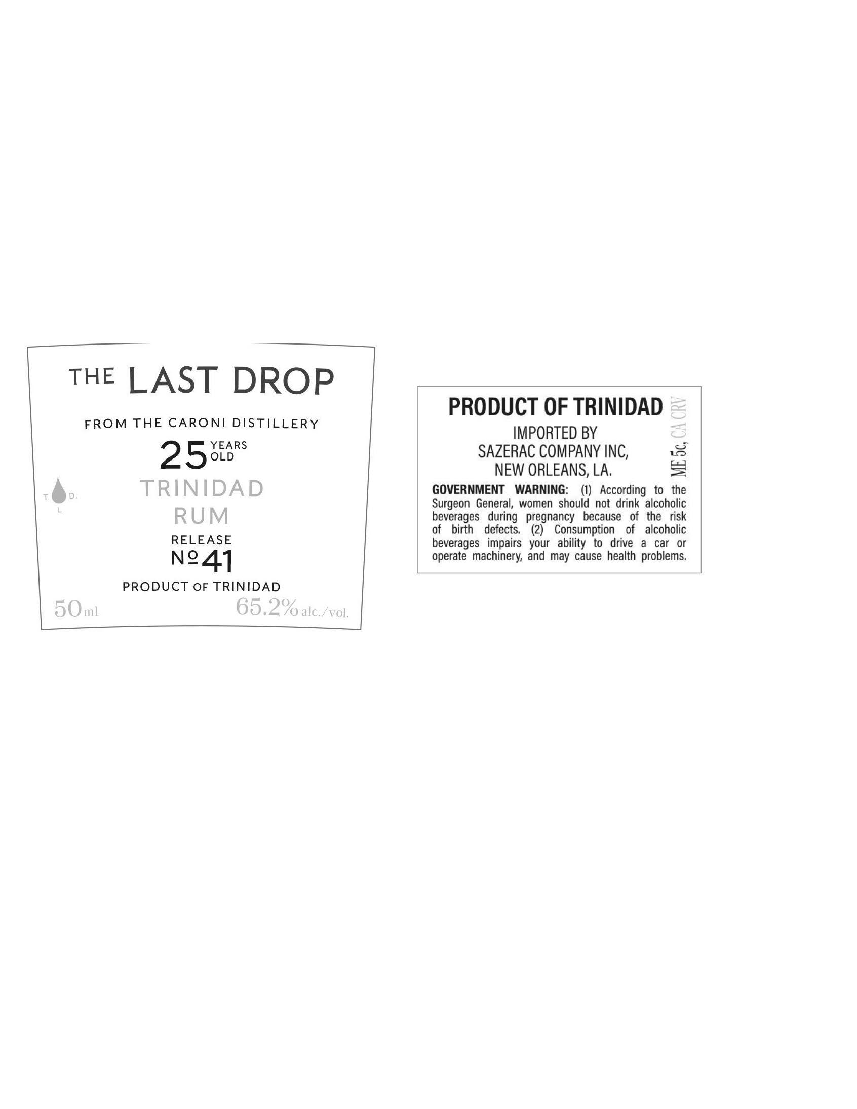 TABC label artwork for The Last Drop 25 Years Old Trinidad Rum Release No. 41 50 ML