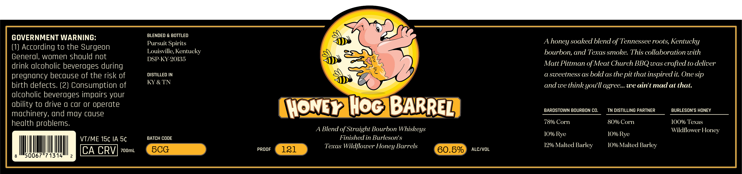 TABC label artwork for Pursuit Honey Hog Barrel Bourbon