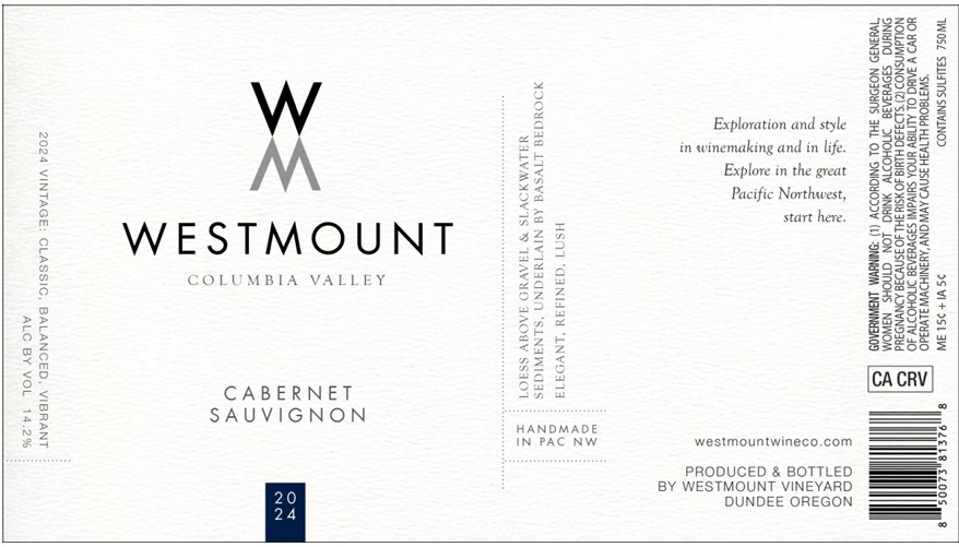 TABC label artwork for WESTMOUNT CABERNET SAUVIGNON COLUMBIA VALLEY