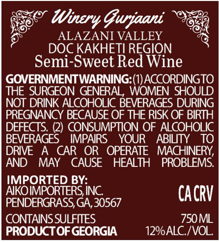 TABC label artwork for Winery Gurjaani Alazani Valley