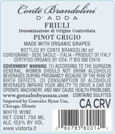 TABC label artwork for Conte Brandolini Ramato Pinot Grigio Friuli