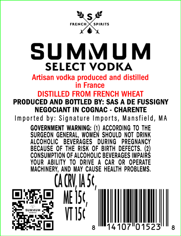 TABC label artwork for Summum Select Vodka
