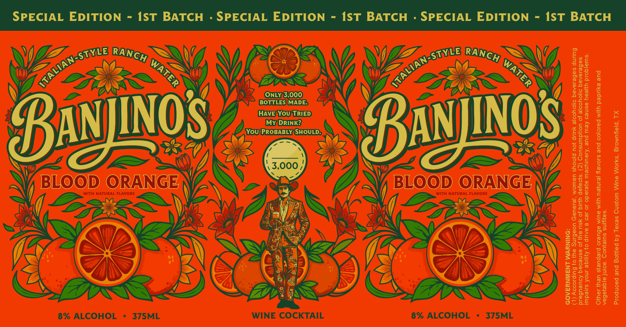 TABC label artwork for BANJINOS Blood Orange Italian Style Ranch Water