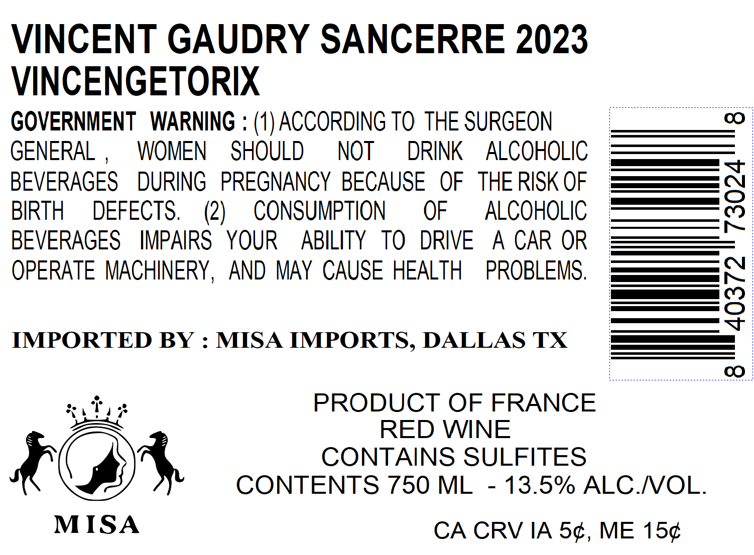 TABC label artwork for VINCENT GAUDRY VINCENGETORIX
