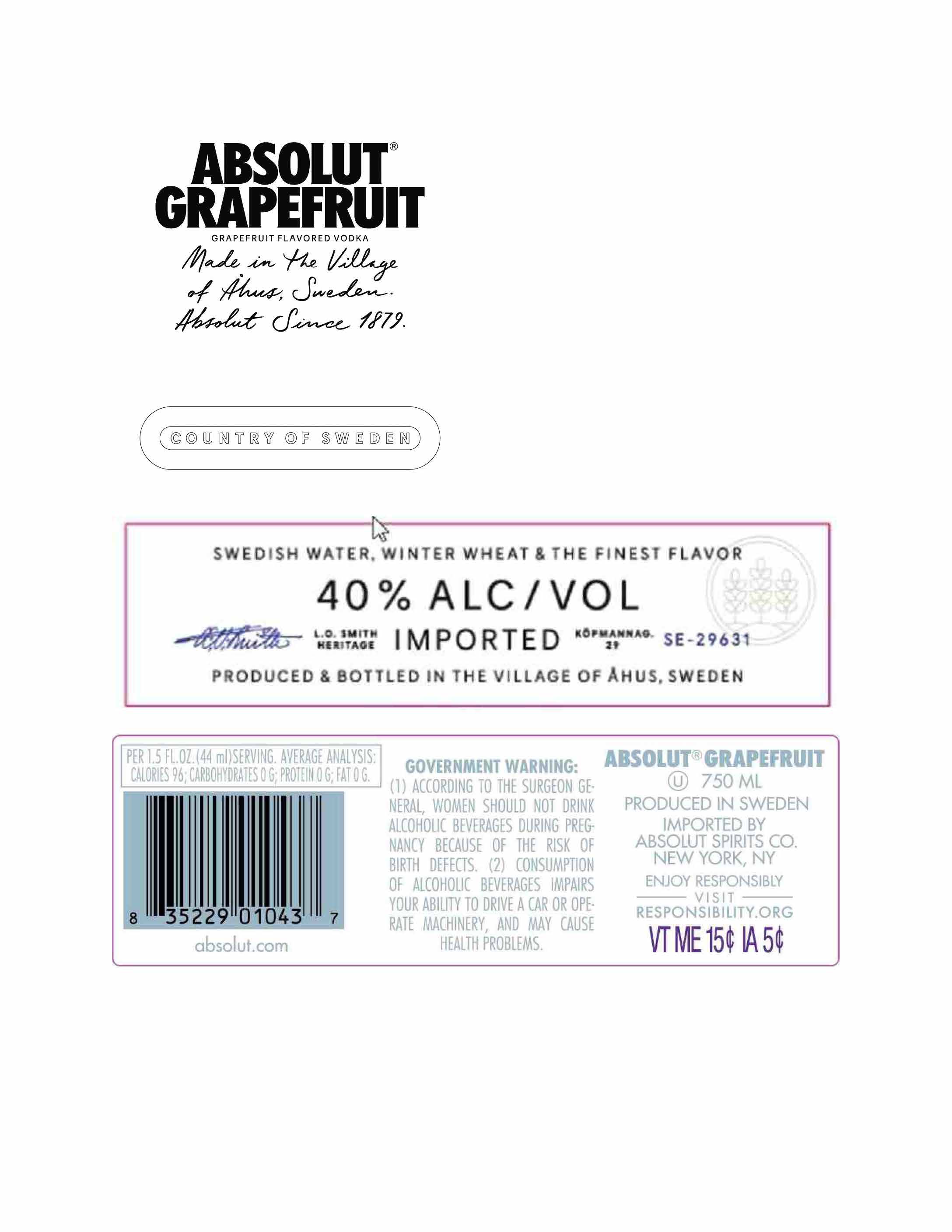 TABC label artwork for Absolut Grapefruit Flavored Vodka
