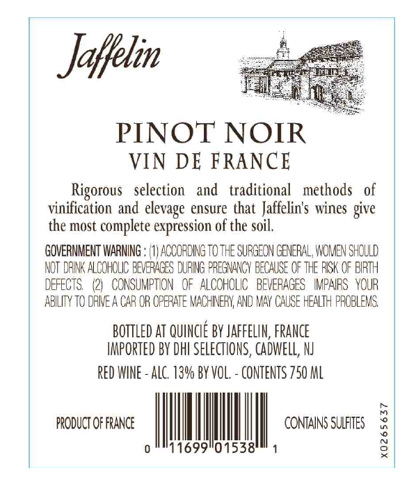 TABC label artwork for Jaffelin Vin de France Pinot Noir