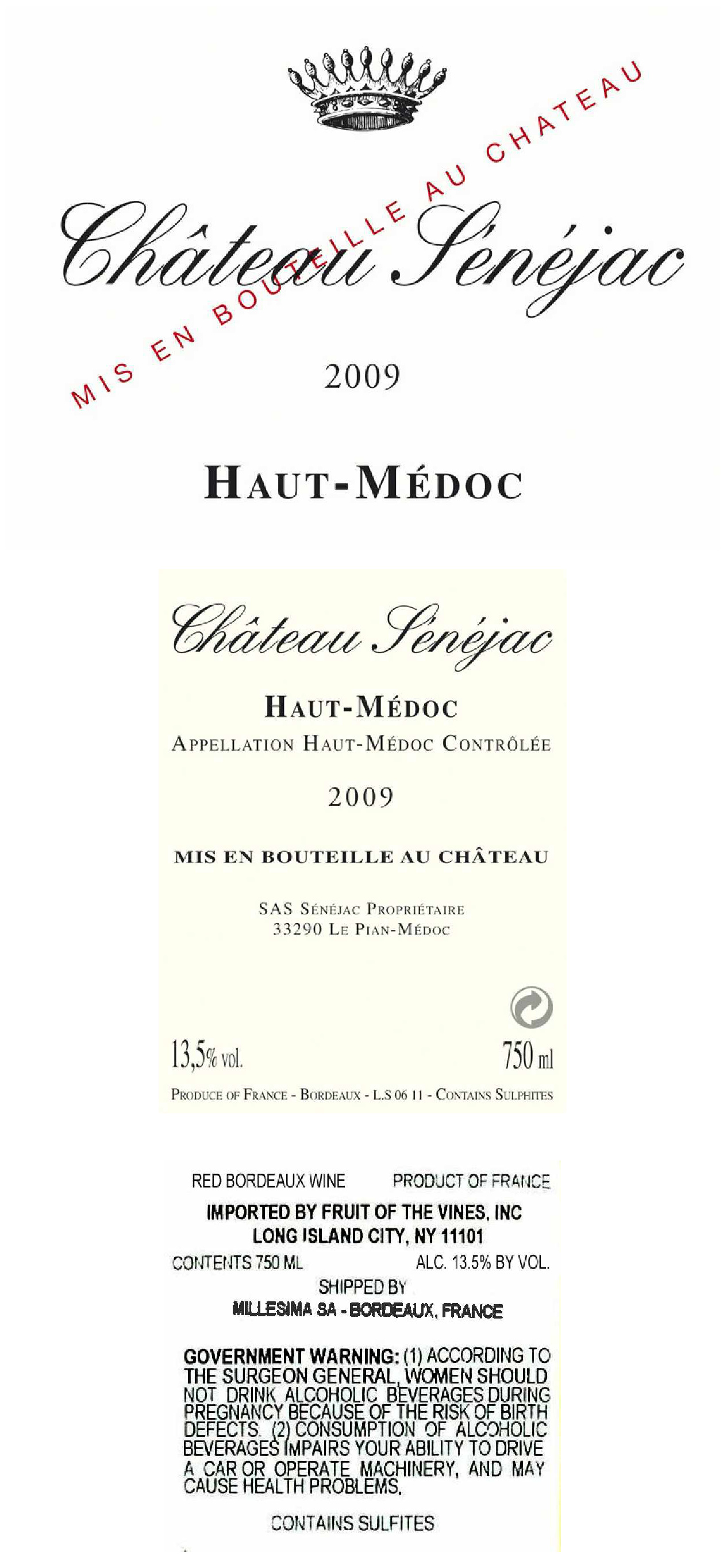 TABC label artwork for Chateau Senejac Haut Medoc
