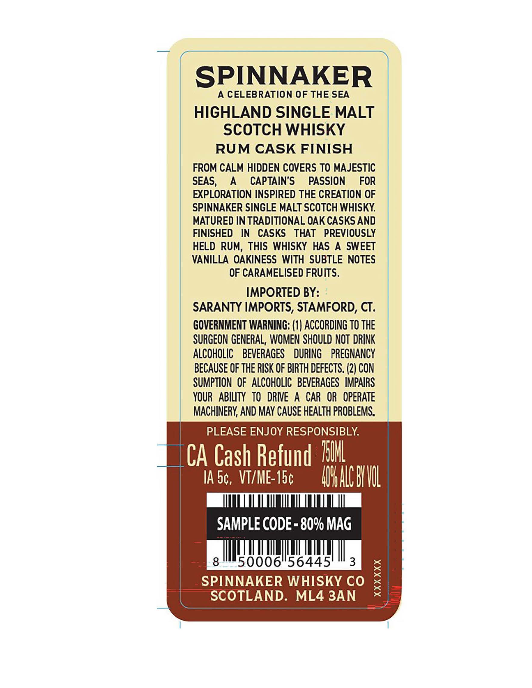 TABC label artwork for Spinnaker Rum Cask Finish Single Malt Scotch Whisky