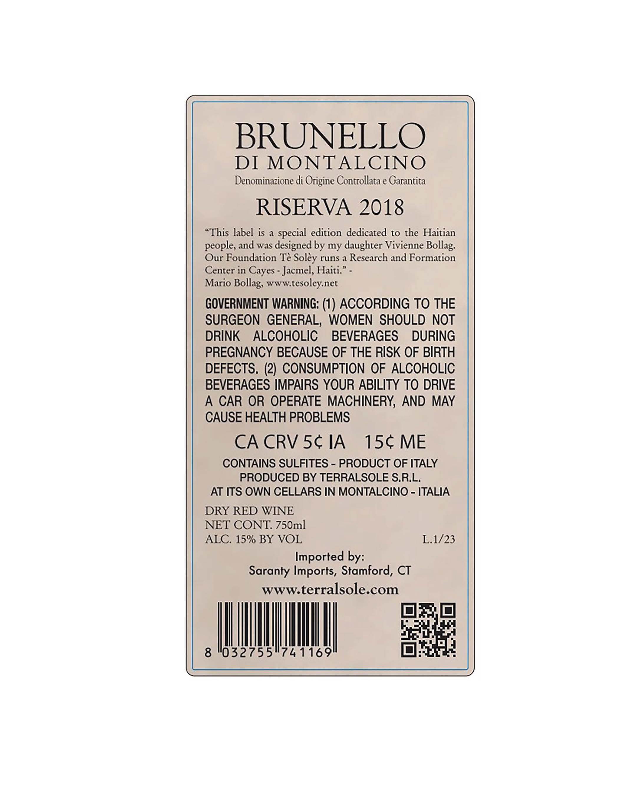 TABC label artwork for Terralsole Brunello Riserva