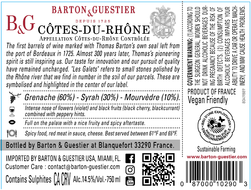 TABC label artwork for BARTON & GUESTIER GRENACHE, SYRAH, MOURVEDRE COTES DU RHONE