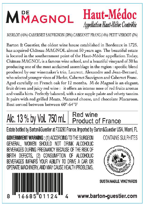 TABC label artwork for M DE MAGNOL RED HAUT MEDOC