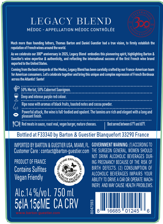 TABC label artwork for BARTON & GUESTIER LEGACY BLEND MEDOC