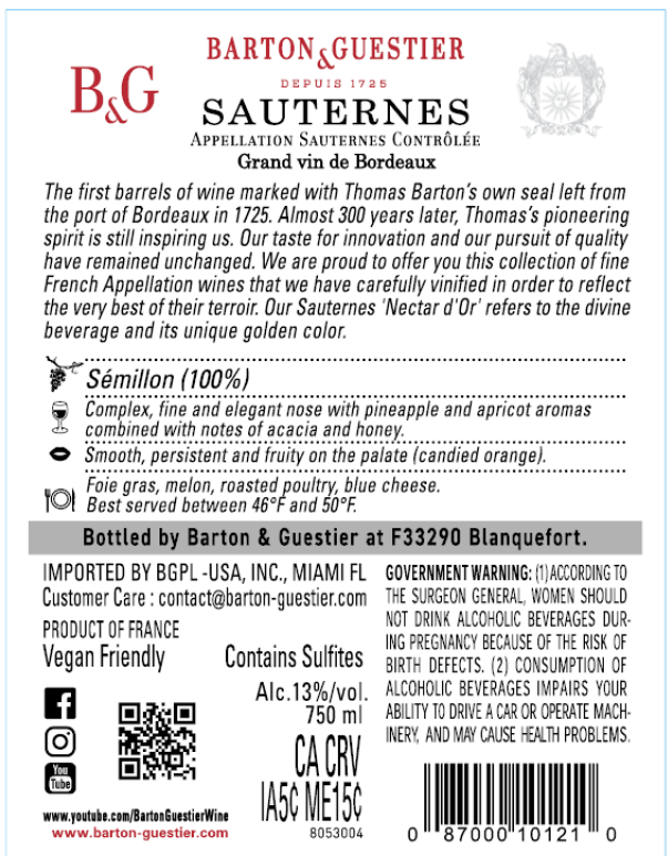 TABC label artwork for BARTON & GUESTIER SEMILLON SAUTERNES