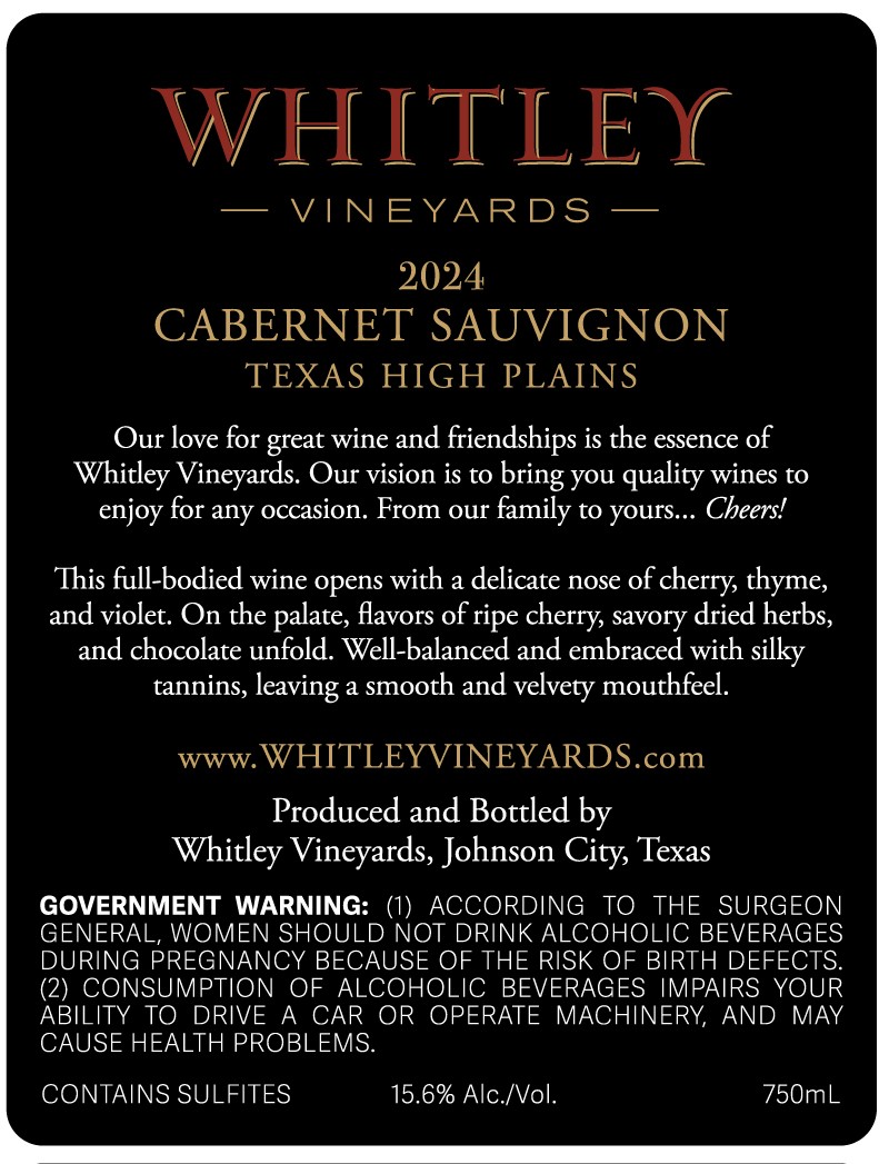 TABC label artwork for Whitley Vineyards Cabernet Sauvignon
