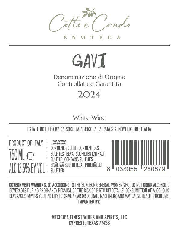 TABC label artwork for Cotto e Crudo Gavi