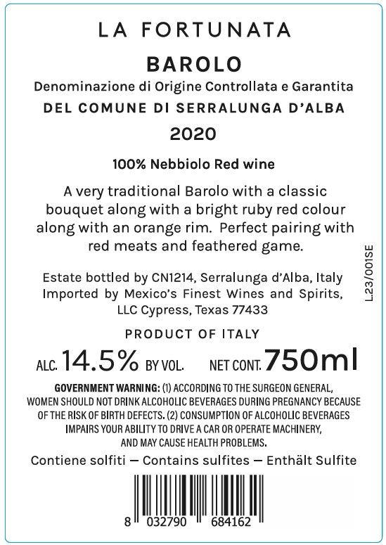 TABC label artwork for La Fortunata Barolo