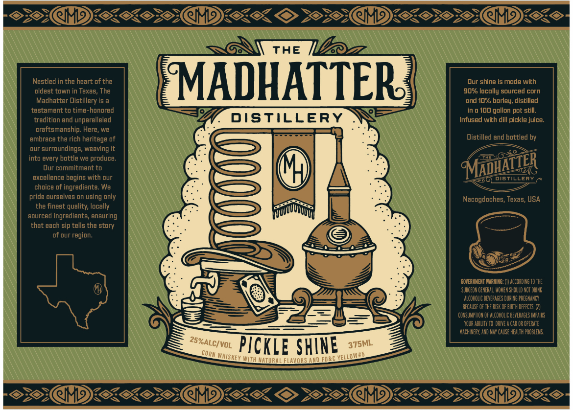 TABC label artwork for The Madhatter Distillery Pickle Shine