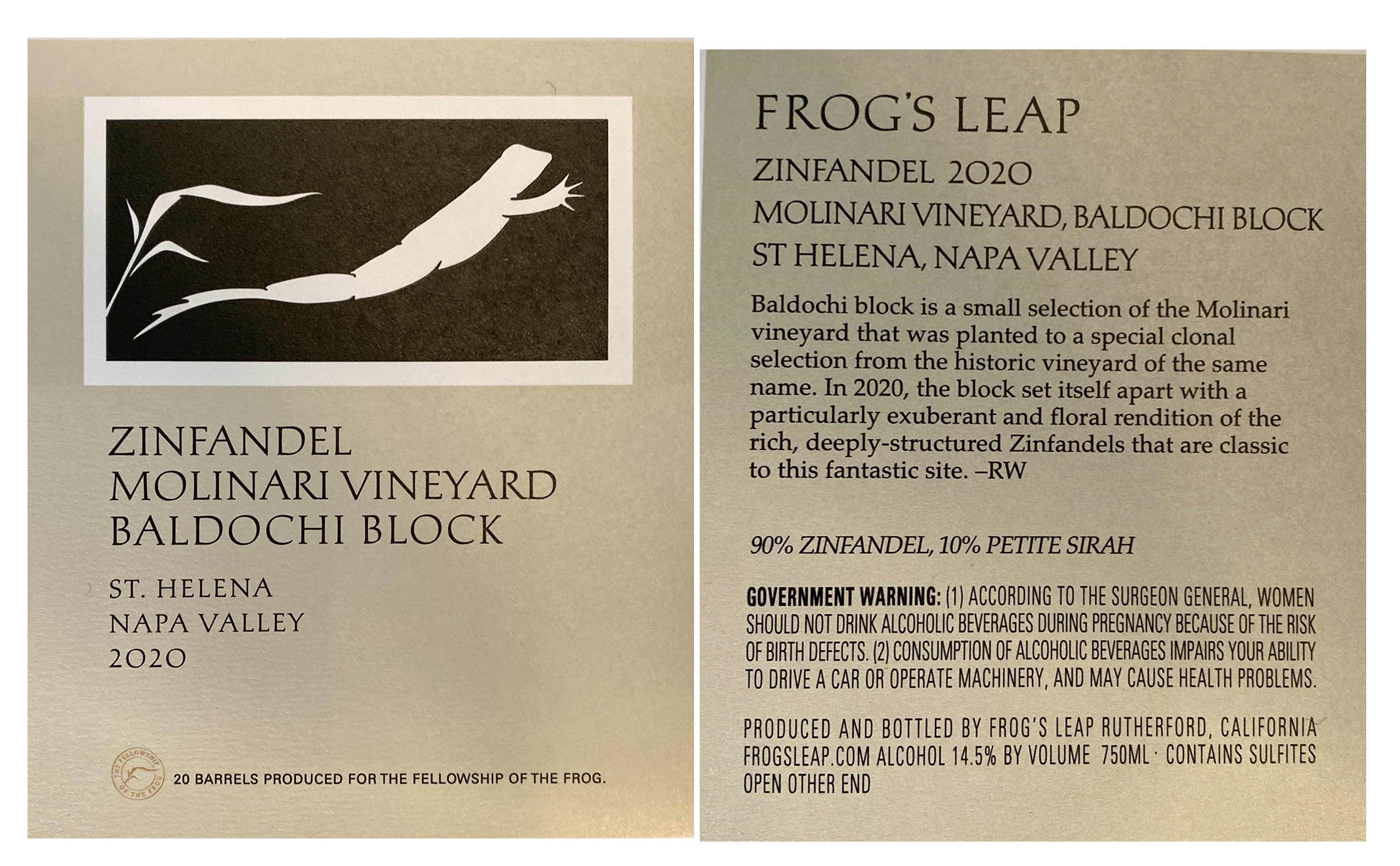 TABC label artwork for Frog's Leap Zinfandel Molinari Vineyard Napa Valley, St. Helena