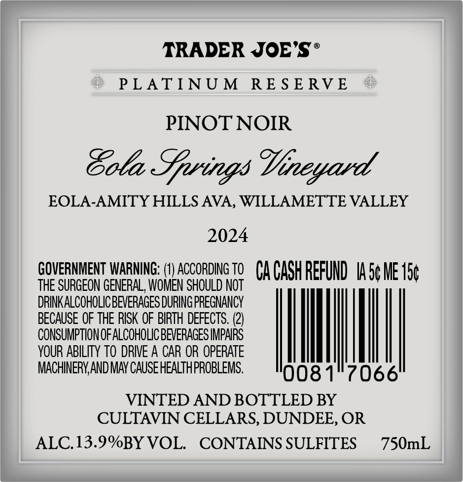 TABC label artwork for Trader Joe's Platinum Reserve Eola-Amity Hills Pinot Noir Lot #124