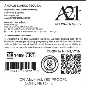 TABC label artwork for Ándale Luxury Blanco Tequila 1.0L